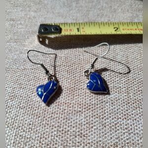 Blue Silver Tone Heart Earrings